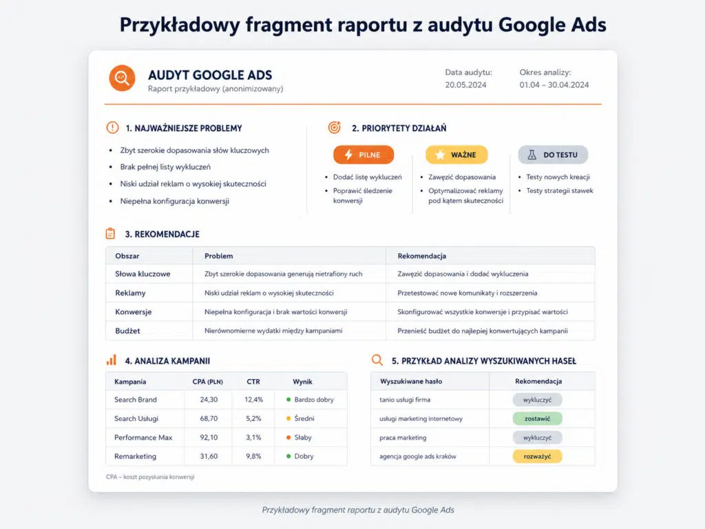 Przykładowy fragment raportu z audytu Google Ads