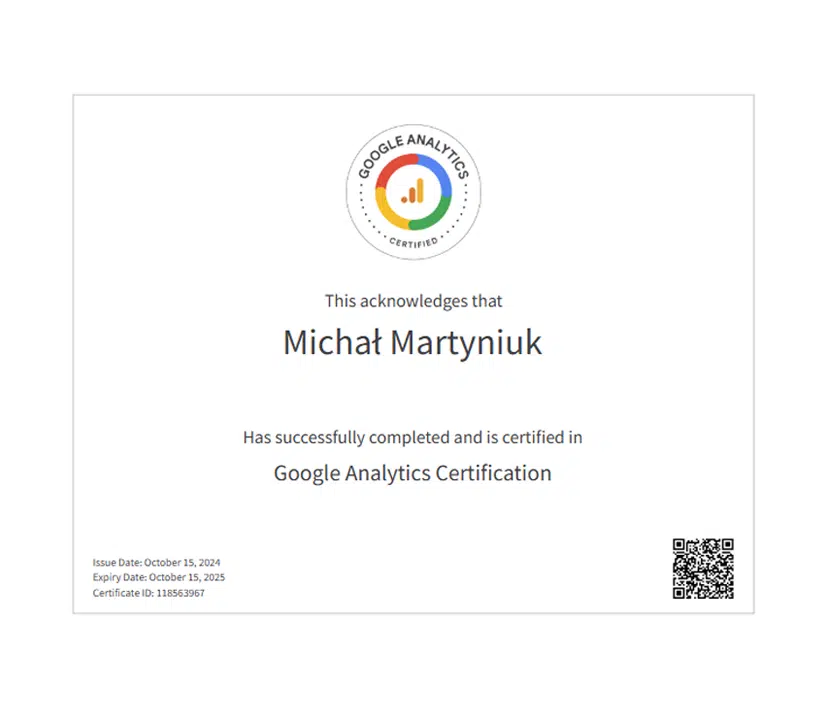 Certyfikat Google Analytics 4