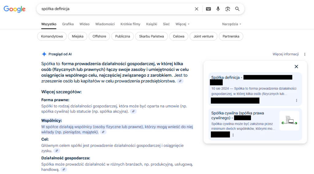 spółka definicja widoczność w Google AI Overviews