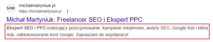 Meta description w serp