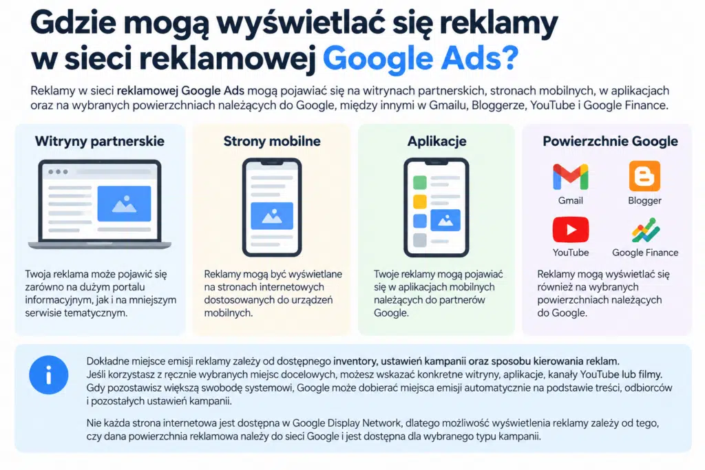 Gdzie mogą wyświetlać się reklamy w sieci reklamowej Google Ads