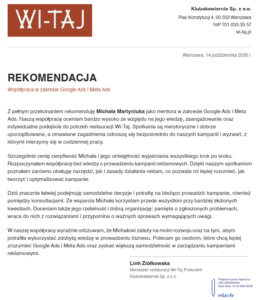 Oryginalna rekomendacja Wi-Taj dotycząca mentoringu Google Ads i Meta Ads